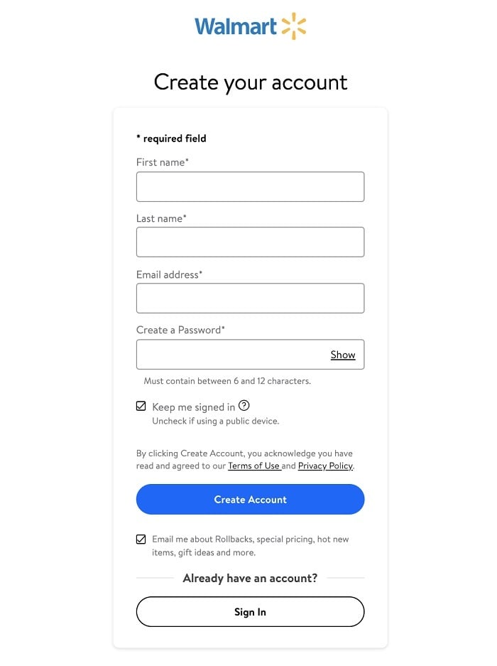 Walmart account sign-up form with pre-checked email consent box