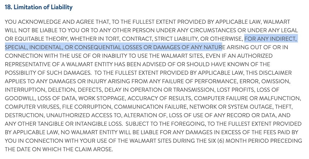 Walmart Terms of Use: Limitation of Liability clause with direct and consequential losses and damages section highlighted