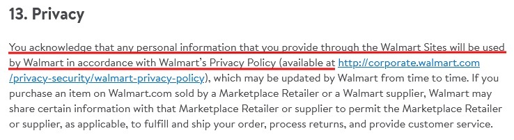 Walmart Terms of Use: Privacy clause