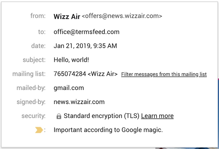 Screenshot of Wizz Air email header