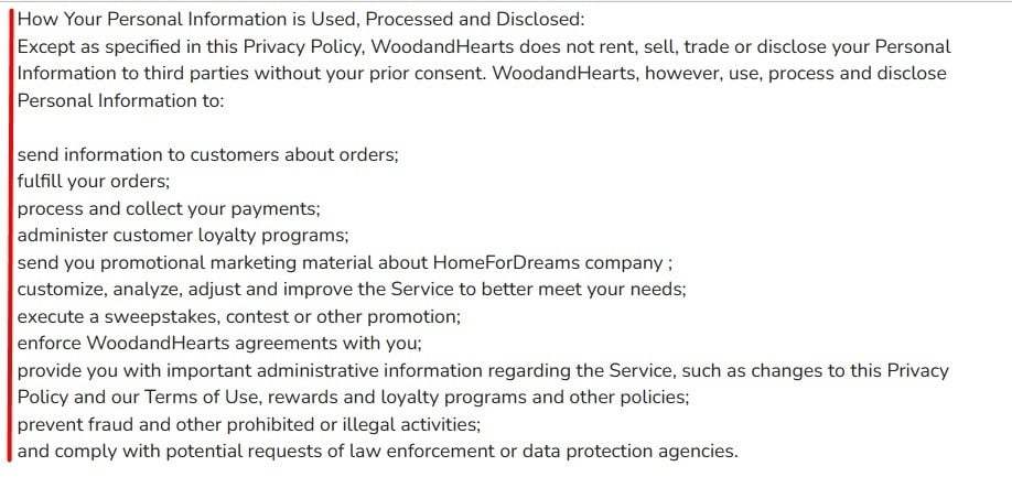 Wood and Hearts Privacy Policy: How Your Personal Information is Used Processed and Disclosed clause