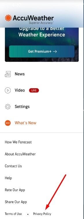 AccuWeather app Settings menu with Privacy Policy highlighted