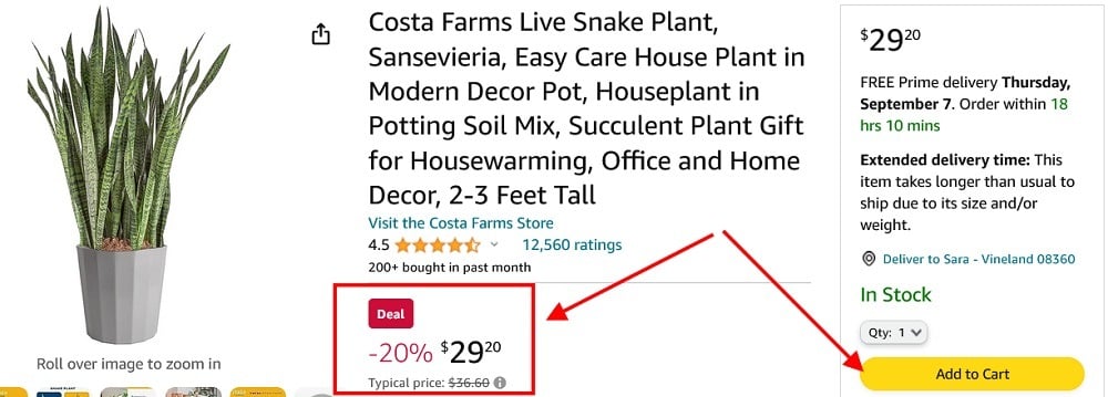 Amazon product listing page with price and Add to Cart button highlighted