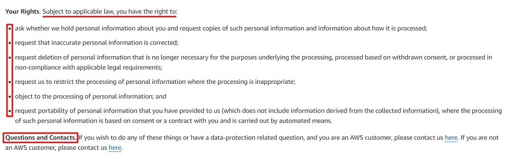 Amazon Web Services Privacy Notice: Your rights clause
