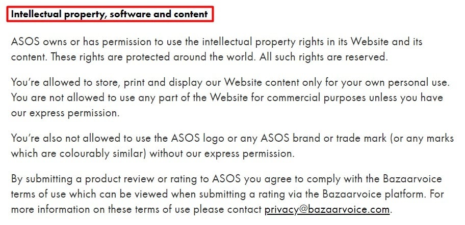 ASOS Terms and Conditions: Intellectual property, software, and content clause