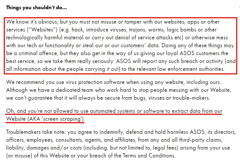 ASOS Terms and Conditions: Things you shouldn't do clause