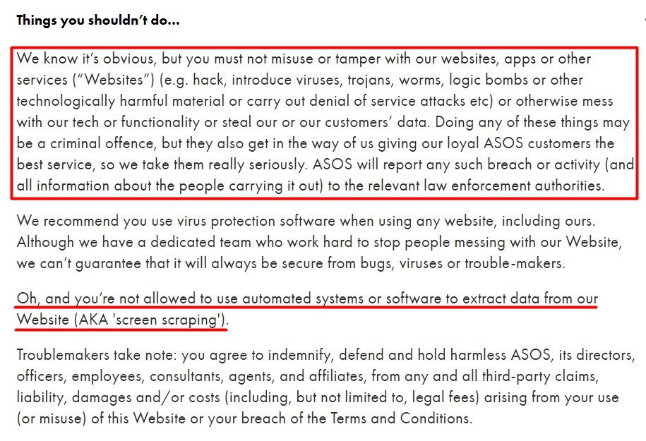 ASOS Terms and Conditions: Things you shouldn't do clause