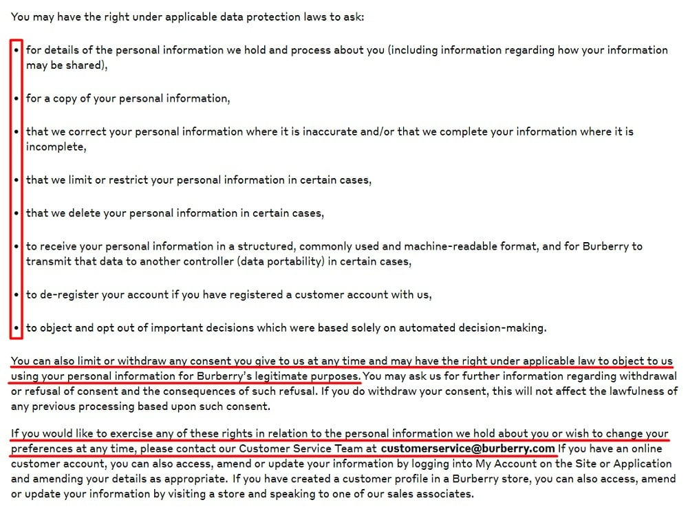 Burberry Privacy Policy: User rights clause