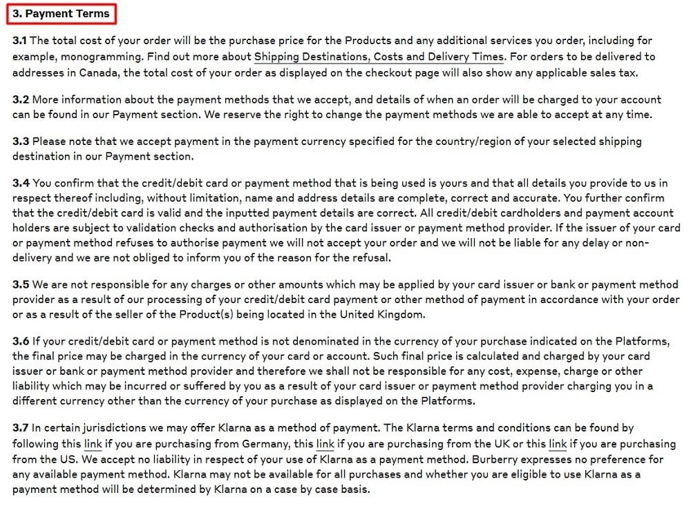 Burberry Terms and Conditions: Payment Terms clause