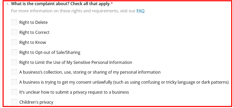 CPPA complaint form - Section 1 excerpt