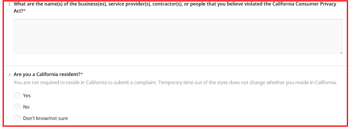 CCPA complaint form sections 2 and 3