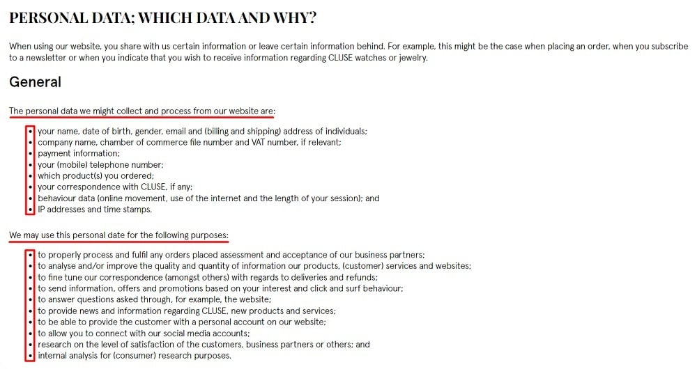 Cluse Privacy Policy: Personal Data - Which Data and Why clause