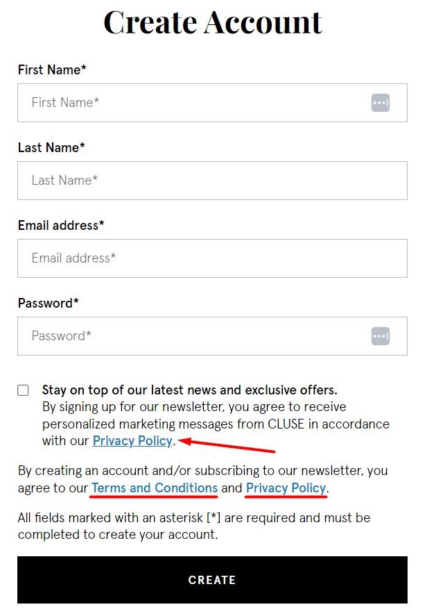 Cluse Sign-up form with Privacy Policy and Terms and Conditions links highlighted
