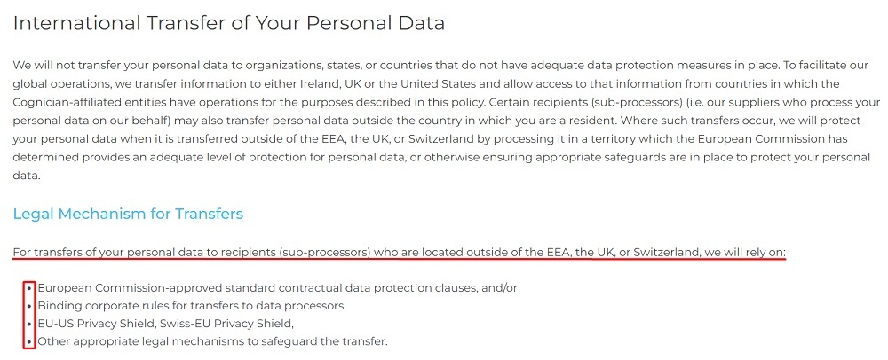 Cognician Privacy Policy: International Transfer of Your Personal Data clause