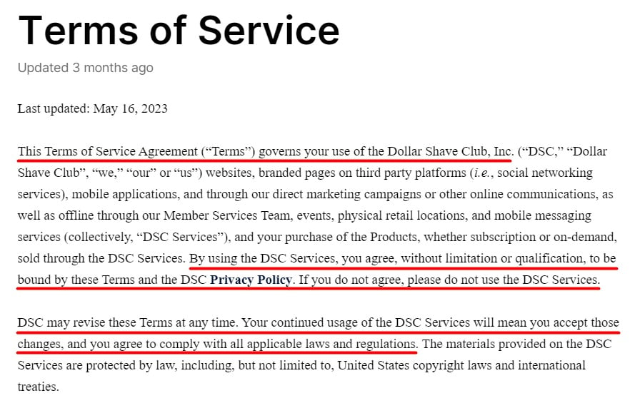 Dollar Shave Club Terms of Service: Intro section