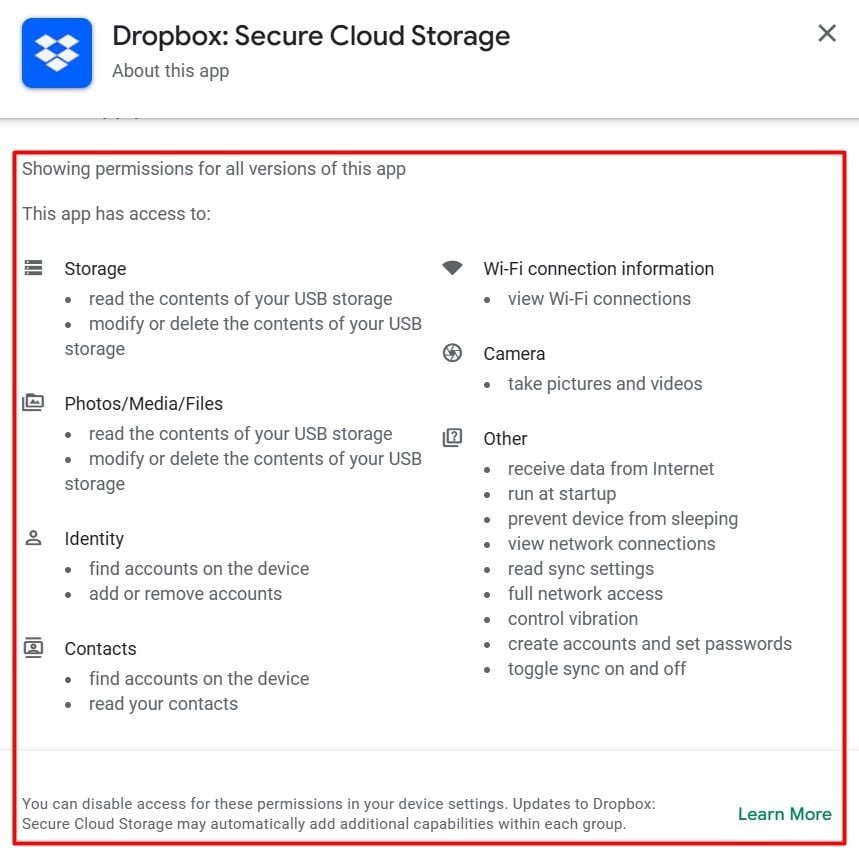 Dropbox Google Play Store listing: Permissions section