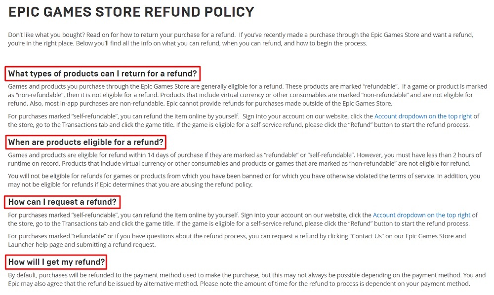 Epic Games Store Refund Policy excerpt