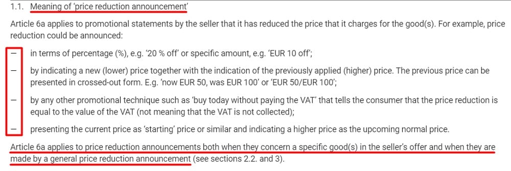 EU Price Indication Directive (PID) Guidance: Meaning of price reduction announcement section