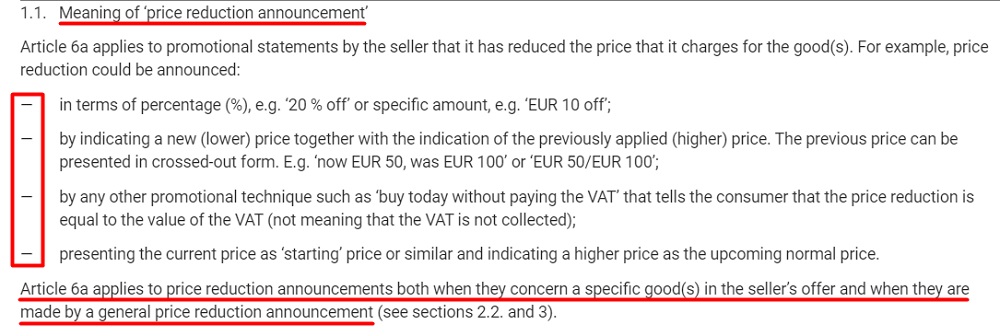 EU Price Indication Directive (PID) Guidance: Meaning of price reduction announcement section