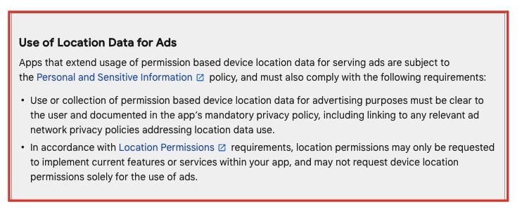 Google Play Ads Policy: Use of Location Data for Ads section