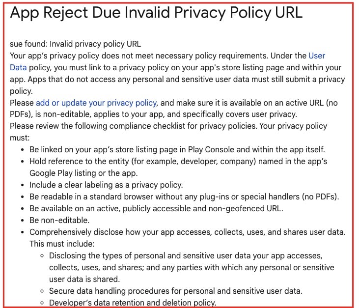 Google Play Community Forum post: App Reject Due Invalid Privacy Policy URL