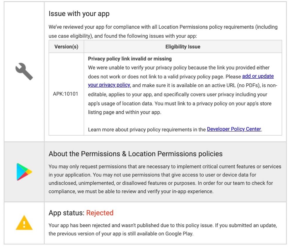 Invalid Privacy Policy URL Rejection for Google Play Store - TermsFeed