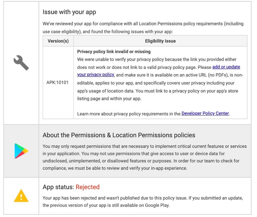 Google Play rejection message screenshot