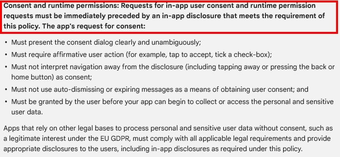 Google Play User Data Policy: Prominent Disclosure and Consent Requirement - Consent and runtime permissions excerpt