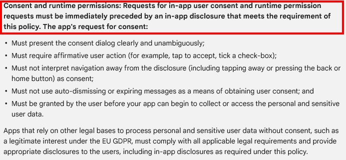 Google Play User Data Policy: Prominent Disclosure and Consent Requirement - Consent and runtime permissions excerpt