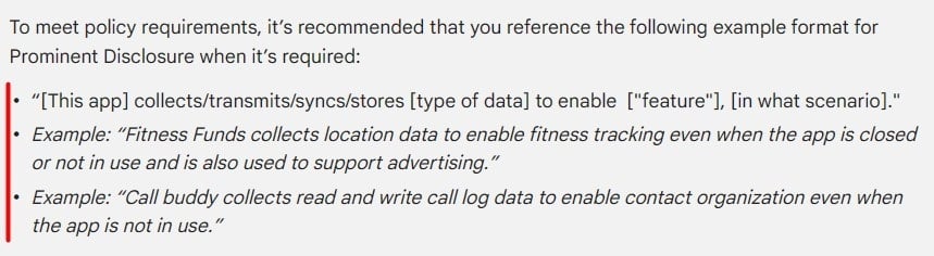 Google Play User Data Policy: Prominent disclosure examples