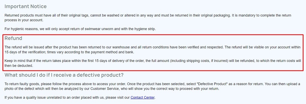 Havaianas How do I return a product page: Refund section