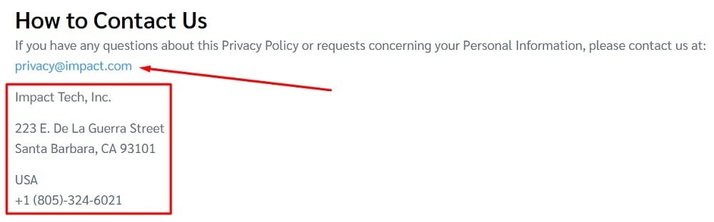 Impact Privacy Policy: How to Contact Us clause