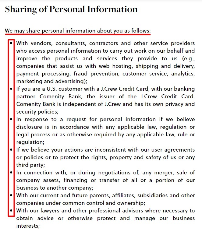 J.Crew Privacy Policy: Sharing of Personal Information clause