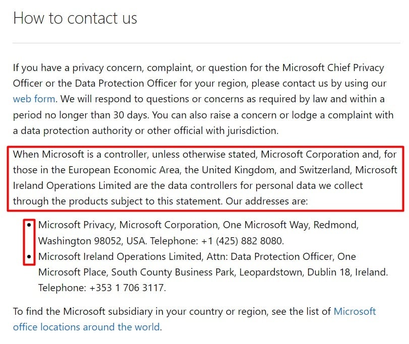 Microsoft Privacy Statement: How to contact us clause