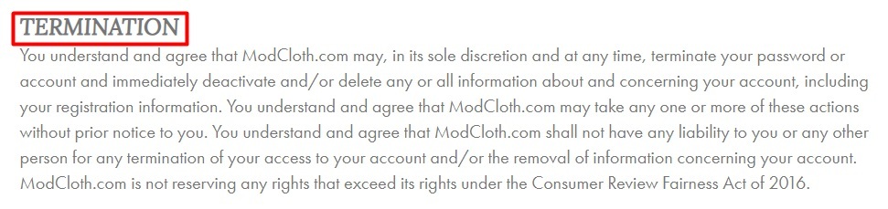 ModCloth Terms and Conditions: Termination clause