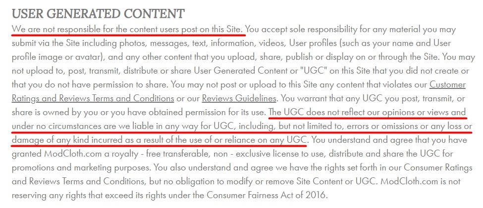 ModCloth Terms and Conditions: User Generated Content clause