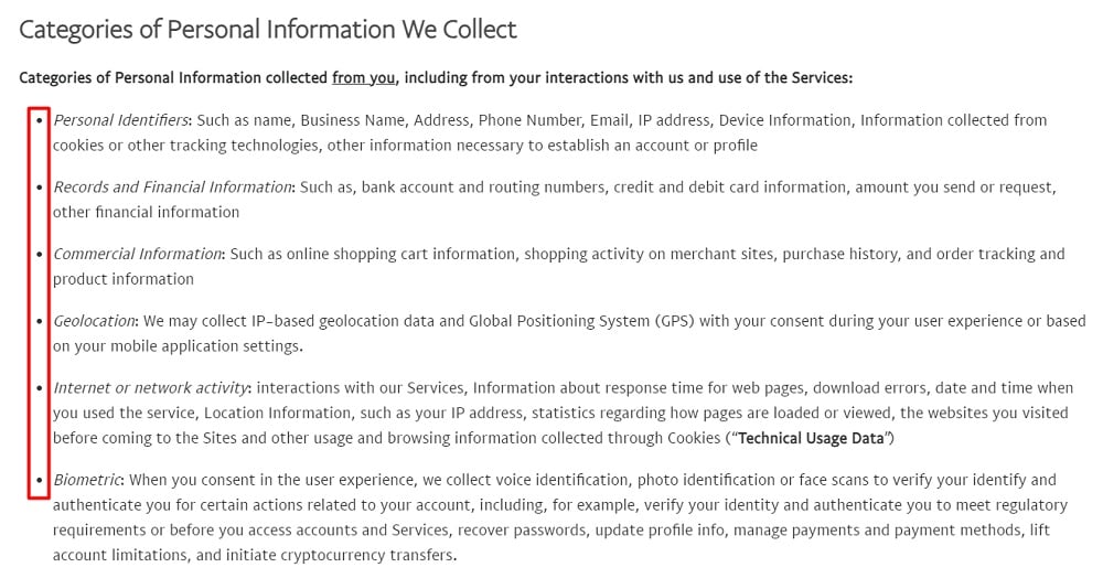 PayPal Privacy Policy: Categories of Personal Information We Collect clause