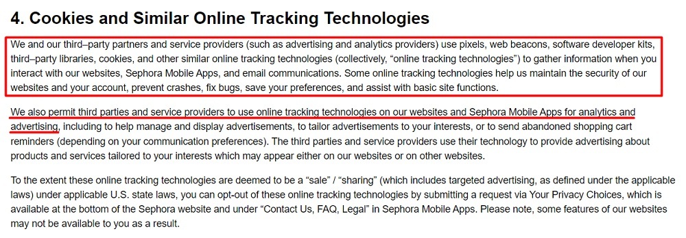 Sephora Privacy Policy: Cookies and Similar Online Tracking Technologies clause
