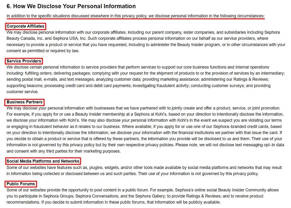 Sephora Privacy Policy: How we disclose your personal information clause