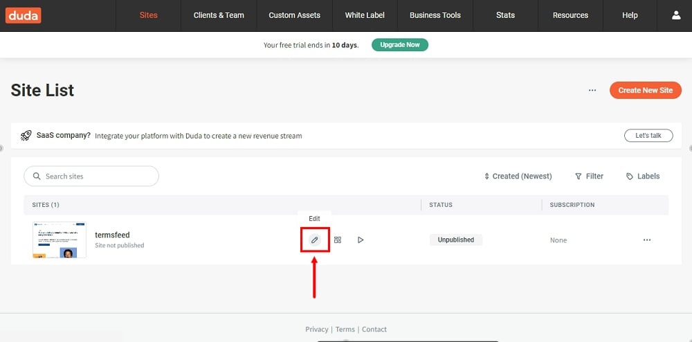 TermsFeed Duda: Dashboard with Edit website option highlighted