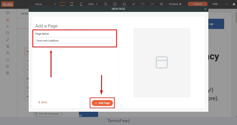 TermsFeed Duda: Editor - Pages - Add New Page - Empty Page Name - Terms and Conditions and Save button highlighted