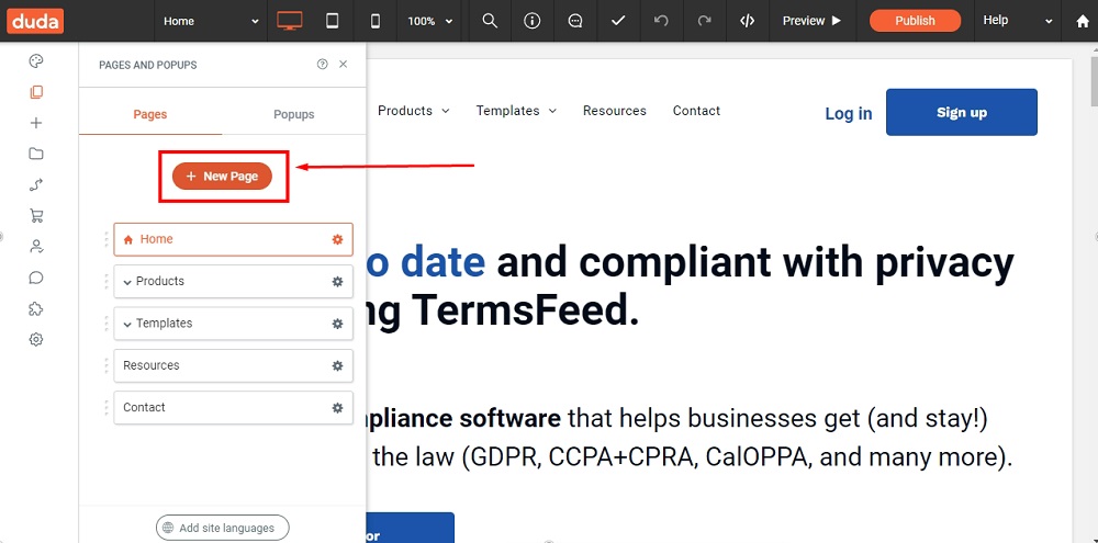TermsFeed Duda: Editor - Pages - Add New Page highlighted