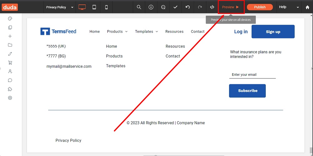 TermsFeed Duda: Privacy Policy - added with the Preview highlighted