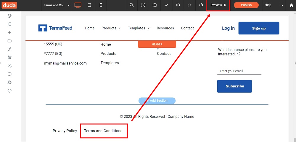 TermsFeed Duda: Terms and Conditions - added with the Preview highlighted