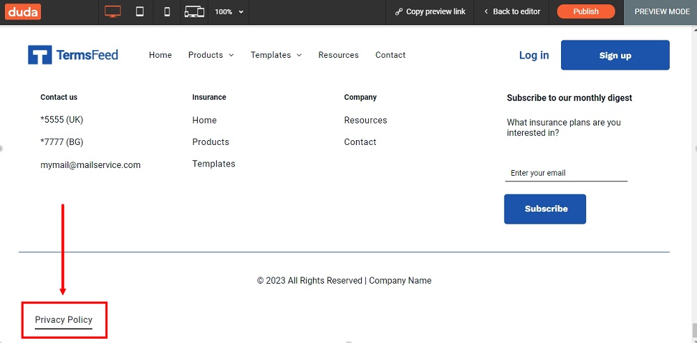 TermsFeed Duda: The Preview of the Privacy Policy page added at the footer highlighted