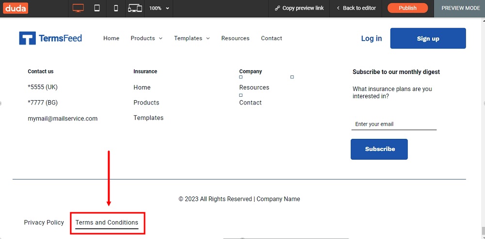 TermsFeed Duda: The Preview of the Terms and Conditions page added at the footer highlighted