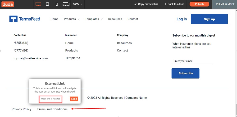 TermsFeed Duda: The Preview of the Terms and Conditions page was added at the footer as an External link highlighted