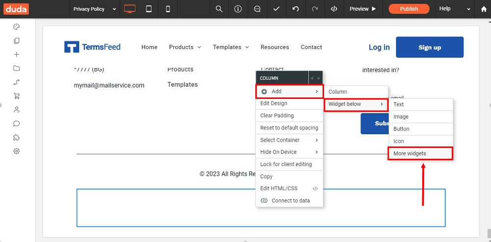 TermsFeed Duda: Privacy Policy page - footer - The Row section - Inner Row - Add Widget below - More widgets highlighted