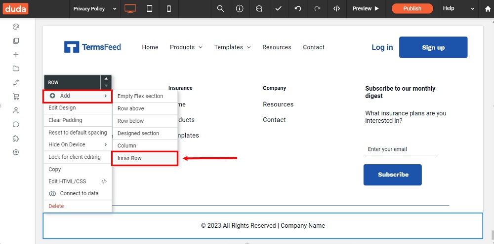 TermsFeed Duda: Privacy Policy page - footer - The Row section - Add - Inner Row  highlighted