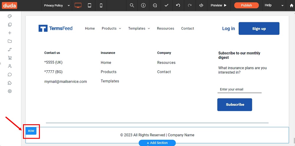 TermsFeed Duda: Privacy Policy page - footer - row section highlighted
